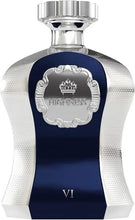 Blue perfume bottle with silver cap, crest label, and VI marking