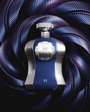 Blue perfume bottle with silver cap and crest label, front view