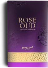 Rose Oud eau de parfum box, dark purple with gold lettering and gold bottom band