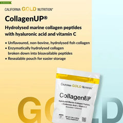 California Gold Nutrition CollagenUP كولاجين بحري + حمض الهيالورونيك + فيتامين ج (206 جم / 1 كجم / 10 أكياس) – دعم غير منكه للجمال والمفاصل