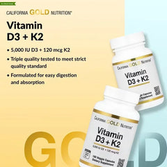 California Gold Nutrition Vitamin D3 + K2 (60 / 180 Veg Capsules) – Bone, Heart & Immune Support Supplement