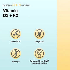 California Gold Nutrition Vitamin D3 + K2 (60 / 180 Veg Capsules) – Bone, Heart & Immune Support Supplement