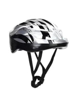 White and black helmet with ventilation holes and chin straps