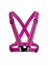 Pink safety vest with black reflective stripes and adjustable straps