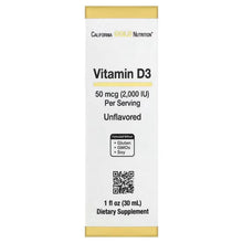 Vitamin D3 supplement box front, unflavored, 50 mcg (2,000 IU) per serving