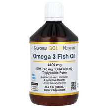 Omega 3 fish oil bottle with white cap, California Gold label and lemon flavor