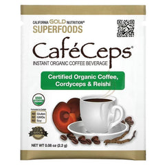 California Gold Nutrition CafeCeps Organic Instant Coffee with Cordyceps & Reishi – Powder Jar & 30 Packets