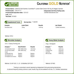 California Gold Nutrition EuroHerbs™ Lemon Balm Extract 500 mg – Calm & Wellness Support – 60 Veggie Capsules