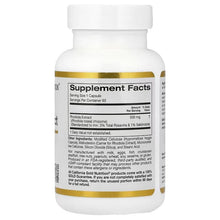Back label Supplement Facts on white bottle with gold band and serving details