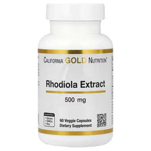 White bottle with gold band, Rhodiola Extract 500 mg, 60 veggie capsules label