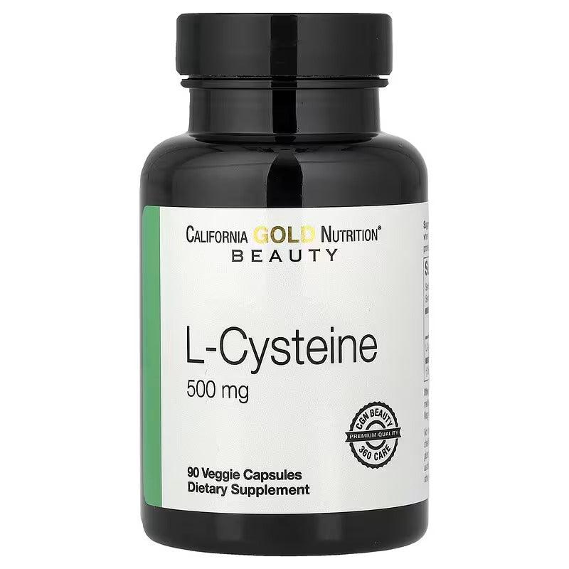 L-Cysteine supplement bottle with black cap, California Gold Beauty L-Cysteine 500 mg