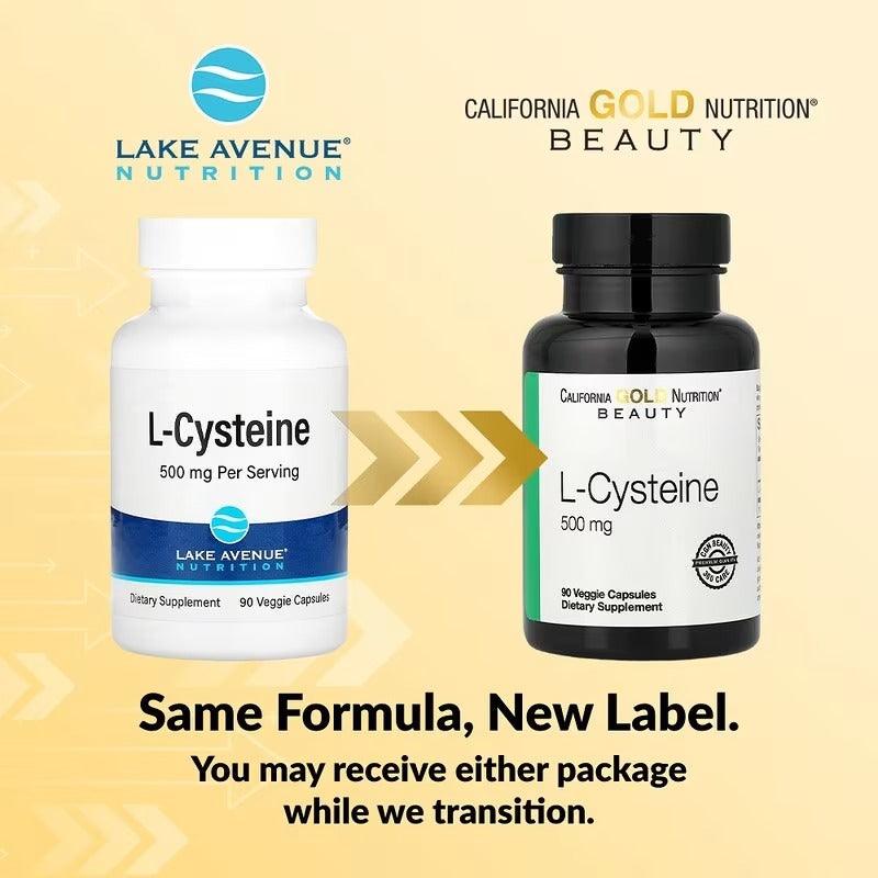 Two L-Cysteine supplement bottles with different labels, 500 mg