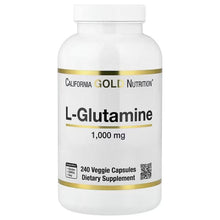 L-Glutamine supplement bottle, California Gold Nutrition label, 1,000 mg, 240 veggie capsules