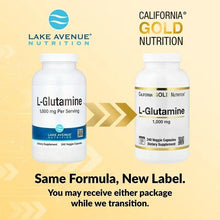 Two L-Glutamine supplement bottles, new label vs old label, 1,000 mg, 240 capsules