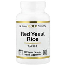 Red yeast rice supplement bottle, 600 mg with 120 veggie capsules label