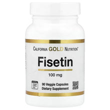 Fisetin 100 mg supplement bottle with gold label and 90 veggie capsules text