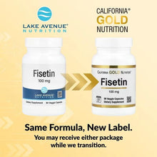 Fisetin 100 mg supplement bottles with same formula, new label graphic