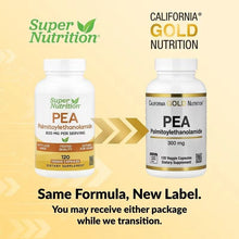 PEA supplement bottles with text: Same Formula, New Label