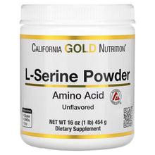 L-Serine powder supplement tub with white and gold label, 454 g
