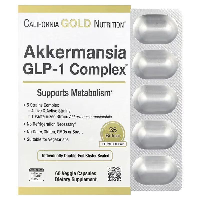 California Gold Nutrition Akkermansia + Probiotics GLP-1 Complex – Gut & Metabolic Support – 60 Veg Capsules