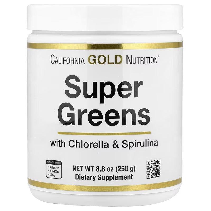 California Gold Nutrition Super Greens – Spirulina, Chlorella, Kelp & Apple Pectin – 250 g