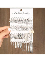 24-Piece Silver Hoop & Charm Earrings Set – Stylish Mixed Design Earrings Collection for Women
