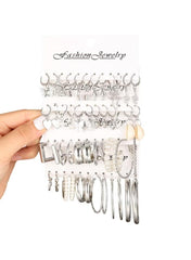 24-Piece Silver Hoop & Charm Earrings Set – Stylish Mixed Design Earrings Collection for Women