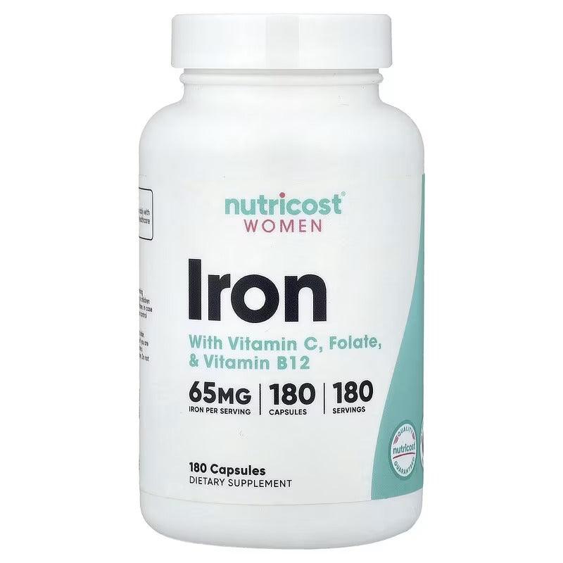 Iron supplement bottle with green label, 180 capsules in a white plastic container