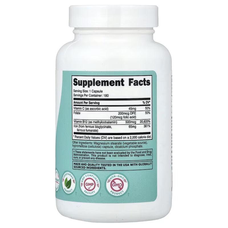 Iron supplement bottle back label with supplement facts and certification seals