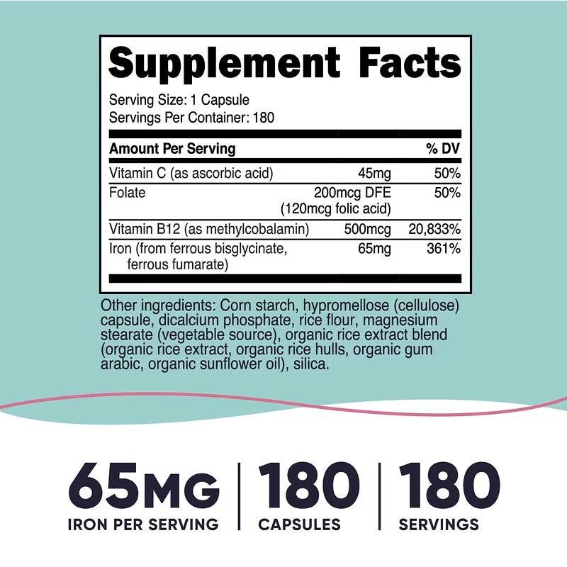 Supplement facts label showing serving size and vitamin amounts for iron capsules