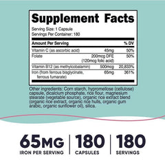 Supplement facts label showing serving size and vitamin amounts for iron capsules