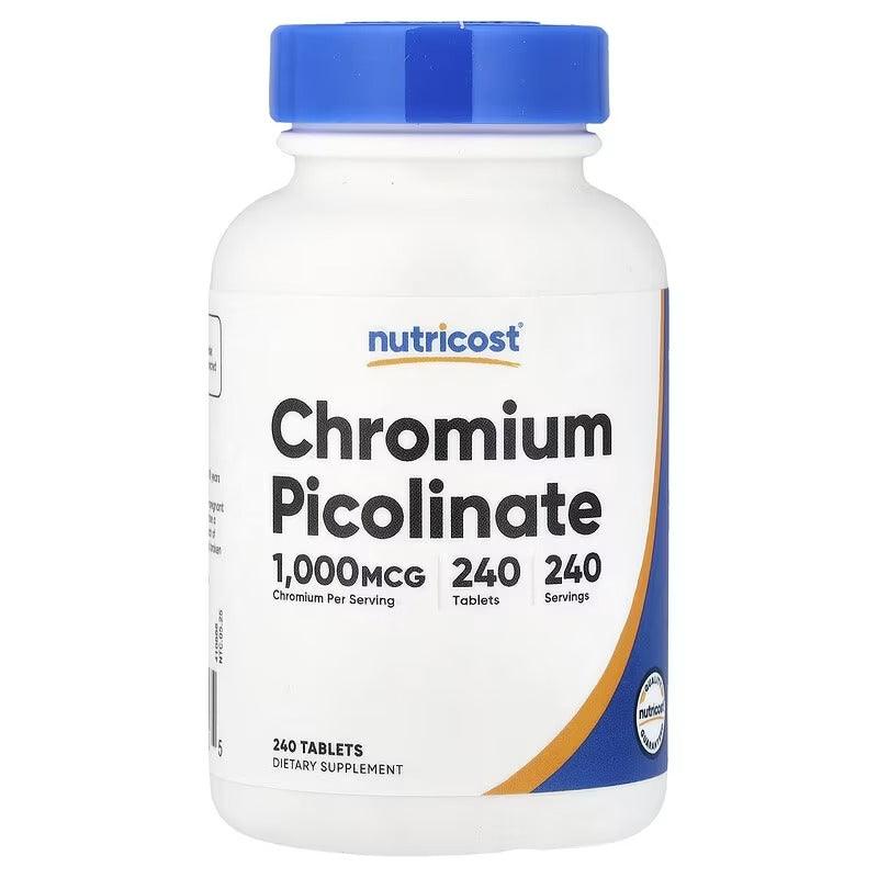 Chromium picolinate supplement bottle with blue cap, 240 tablets