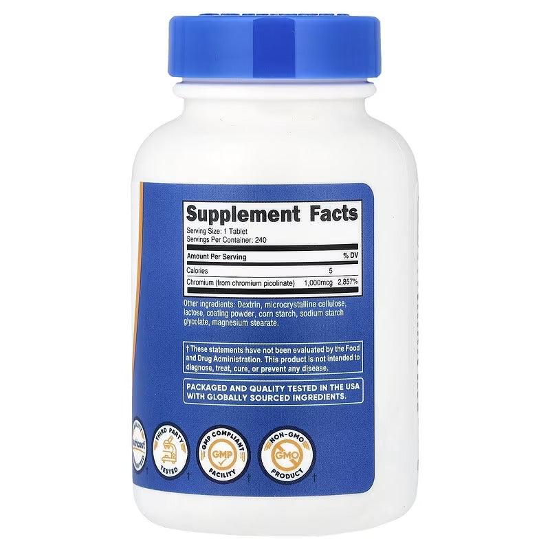 Chromium picolinate supplement bottle back label with Supplement Facts panel