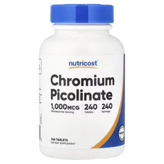 Chromium picolinate supplement bottle with blue cap, 240 tablets