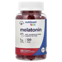 Melatonin gummies bottle with white cap, front label and red strawberry gummies