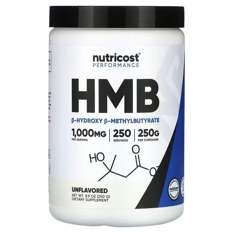 Nutricost HMB unflavored supplement powder bottle, white jar with black lid and label