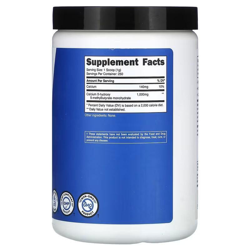 Nutricost HMB supplement facts label on back of white powder jar with black cap
