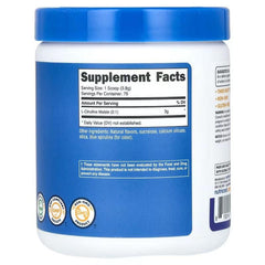 Supplement facts label on L-citrulline malate 2:1 powder jar, back view