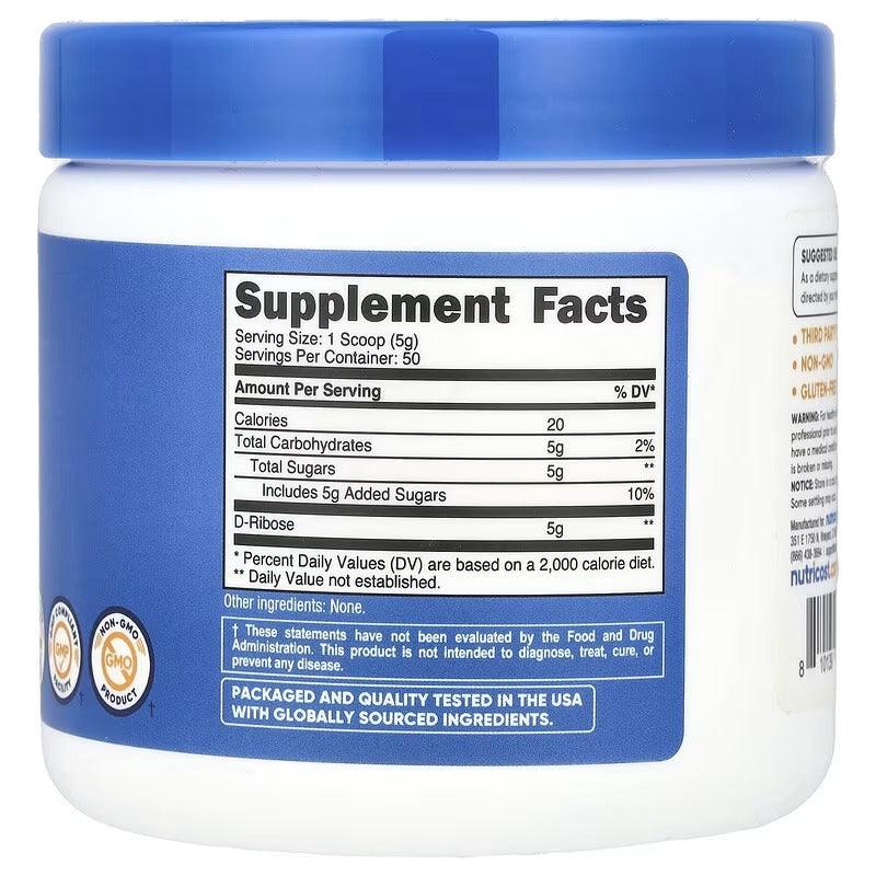 Nutricost D-Ribose unflavored supplement jar back label with Supplement Facts