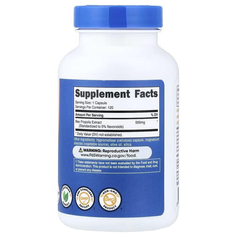 Bee propolis supplement bottle, Supplement Facts panel with 120 servings