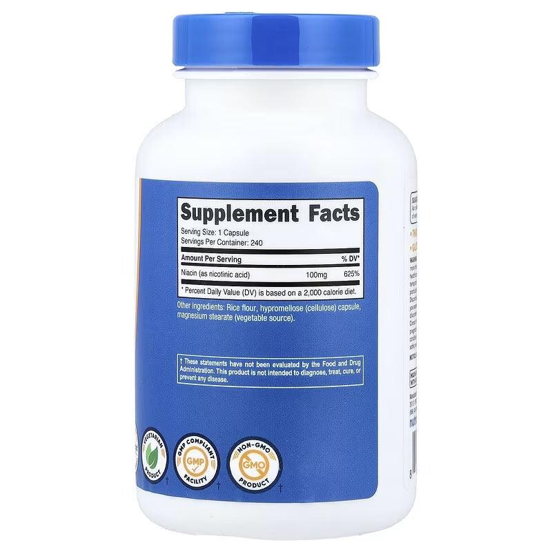 Niacin Vitamin B3 supplement bottle, Supplement Facts panel on back label