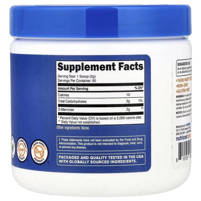 D-Mannose powder supplement jar, Supplement Facts label with 50 servings (250g)