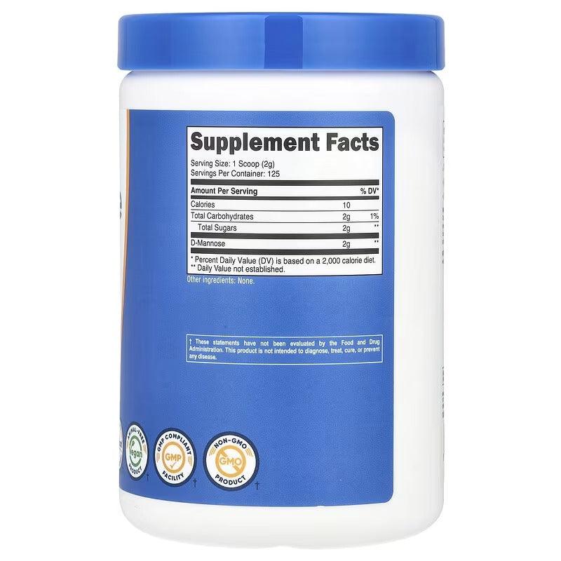 D-Mannose powder supplement jar, Supplement Facts panel and certification seals on back