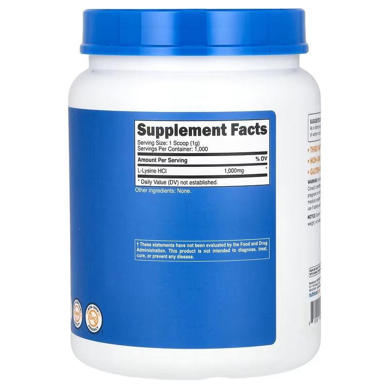 Supplement Facts label on L-Lysine powder bottle with blue side panel
