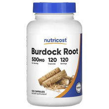 Burdock Root 500 mg supplement bottle with blue cap and herb root illustration