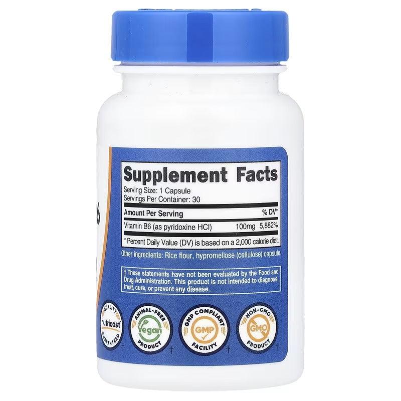 Vitamin B6 supplement bottle back label with Supplement Facts panel and vegan/GMP seals