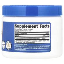 Hyaluronic acid supplement jar back label with Supplement Facts and blue lid