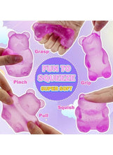Purple squishy bear stress toy set, hands squeezing and pinching soft body.
