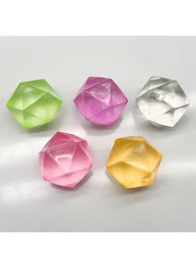 Assorted geometric squishy toys set of five in green, pink, purple, silver, and yellow