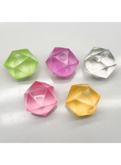 Assorted geometric squishy toys set of five in green, pink, purple, silver, and yellow